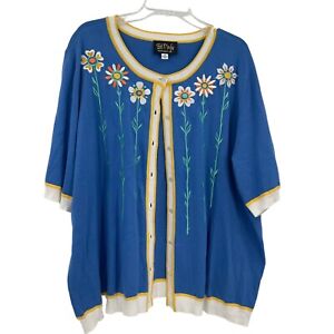 Bob Mackie wearable art embroidered granny-core cardigan Size 2X Flowers Blue