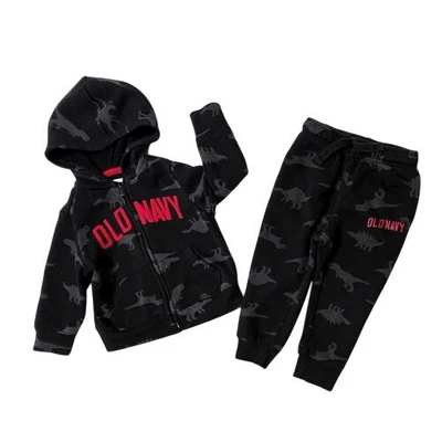 Old Navy 黑色恐龙拉链连帽衫抓绒 LS 慢跑裤套装 2T 匹配 — 第 1/4 张图片