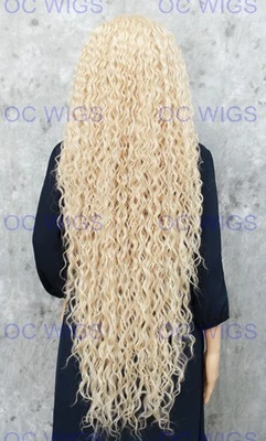 Extra Long Full Spiral Curls Lace Front Human Hair Blend Wig EVGP Light Blonde - Image 1 of 4