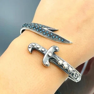 Men Simulated Turquoise 925 Sterling Silver Cuff Bracelet Sword Zulfiqar Gift - Picture 1 of 5