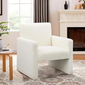 Upholstered Sherpa Accent Chair Dining Comfy Accent Side Chair Living Room White - Picture 1 of 15
