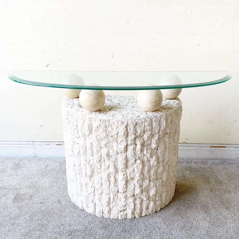Postmodern Tessellated Stone Demi Lune Glass Top Console Table Cover