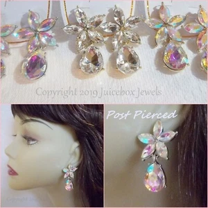 PIERCED 1.5" RHINESTONE Flower Teardrop POST Bling Earrings, Clear or Iridescent - Picture 1 of 3