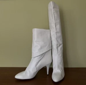 Vtg Sz 8.5 Italian 70s 80s White Leather Slouch Dress Boots Designer Chantel - Picture 1 of 9