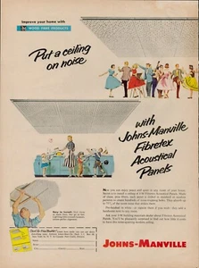 Home Johns Manville 1957 techo años 50 vintage impreso anuncio panel acústico Fibretex - Imagen 1 de 9