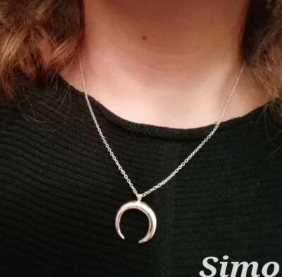 COLLANA DONNA LUNGA ARGENTO  MAGLIA MEZZA LUNA FERRAGNI PENDENTE STILE BOEMIA - Immagine 1 di 3