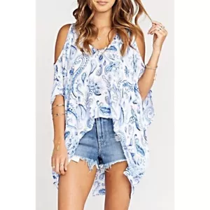 Top túnica SMYM Show Me Your Mumu Peta Boo Hendigo azul blanco cachemira boho XS - Imagen 1 de 14