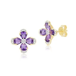 Aretes florales de amatista y diamantes en oro amarillo de 9 quilates - Imagen 1 de 8