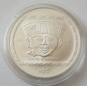 Messico 5 Nuevos Pesos 1993 epoca precolombiana Carita Sonriente 1 oz argento - Foto 1 di 2