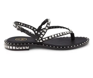 ASH Women's Peps Black Silver Studded Leather Sandals Size 39 US 9 - Picture 1 of 8