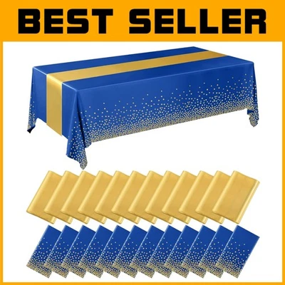 54 x 108 Inch Tablecloth Set with 12 Navy Blue & Gold Satin Runners for Events - Image 1 of 4