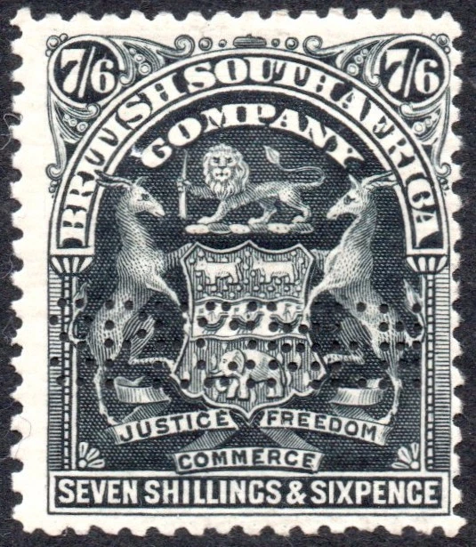 Rhodesia 1898-1908 7s6d negro, ESPECIMEN perfin, SG.88s, como nuevo Foto 1 de 1