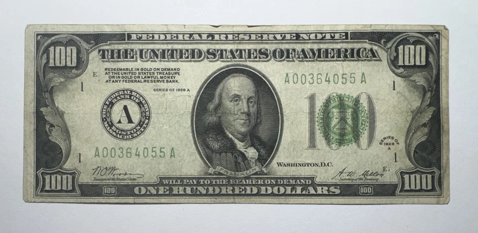 1928 A $100 Federal Reserve Note, Boston Redeemable In Gold Light Green - Image 1 of 2