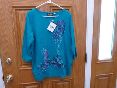 Bob Mackie Wearable Art Teal blue top w/ purple sequins peacock bird shirt  - Image 1 of 4