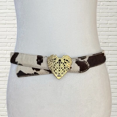 Cinturón de pelo de pony Moschino vintage - Hebilla de corazón dorado con estampado de vaca - Talla 46 Foto 1 de 4