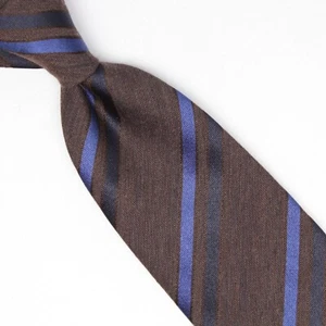 Josiah France Mens Wool Silk Necktie Brown Navy Blue Contrast Stripe Woven Tie - Picture 1 of 8