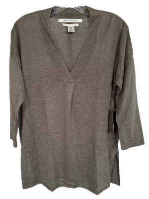 Blusa para mujer Max Studio cuello en V 100 % lino aberturas laterales transparente talla S verde caqui Foto 1 de 4