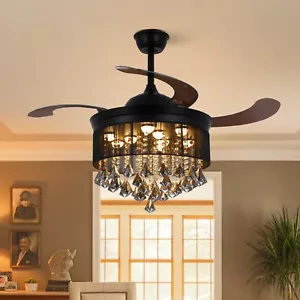 42" Invisible Ceiling Fan Light Crystal Chandelier Remote 3 Speed 3-Color LED - Picture 1 of 13