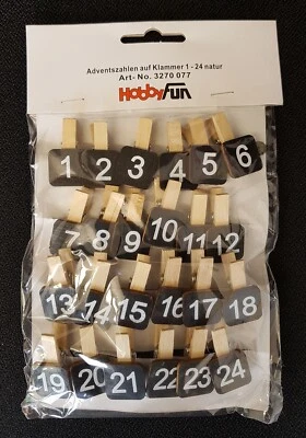 ★ ADVENTSZAHLEN 1-24 ★ Holz natur KLAMMER ★ Hobbyfun Adventskalender ★ Advent ★  - Bild 1 von 3