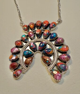 Native Spiny Oyster Turquoise Sterling Silver Navajo Squash Blossom Necklace - Image 1 of 4