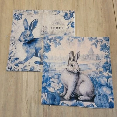 Pair Of French Country Pillow Covers Easter Spring Bunny Rabbit Farmhouse - Image 1 of 4