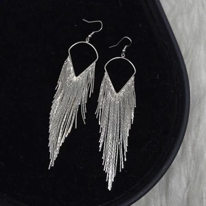 Silver Tone Fringe Angel Wings Long Dangle Earrings - Picture 1 of 5