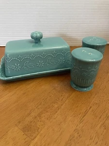 Pioneer Woman Embossed Stoneware “Toni” Teal Covered Butter dish, Salt & Pepper - Picture 1 of 5