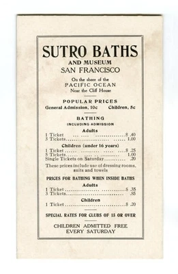 c.1910 SAN FRANCISCO SUTRO BATHS & MUSEUM BATHING ADMISSION PRICE LIST HAND-OUT - Image 1 of 2