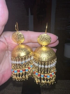 NEW Indian Jhumka Turquoise Coral Pearl Gold Plated Earrings Wires, XL 3.7” Long - Picture 1 of 12