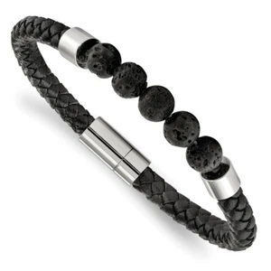 Stainless Steel Polished Black Leather w/Lava Stones 8.75 inch Bracelet 8.75 ... - Picture 1 of 2