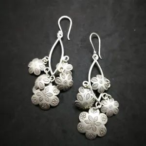 Fine 925 Silver Earrings Asian Fashions Flower Chandelier Elegant Dangle 75 mm - Picture 1 of 6