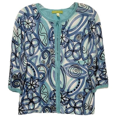 Cárdigan Suéter Sigrid Olsen Geométrico Floral Turquesa Talla S Foto 1 de 4