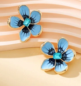 MARNI H&M Blue Crystal Drop Flower Stud Earrings - Picture 1 of 2