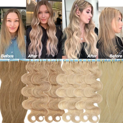 Cinta invisible en extensiones de cabello humano Remy real trama de piel cabeza completa 200 g G GRUESO Foto 1 de 4