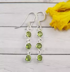 Peridot Earring 925 Sterling Silver Three Oval Gemstone Beautiful Earring MK* - Picture 1 of 8
