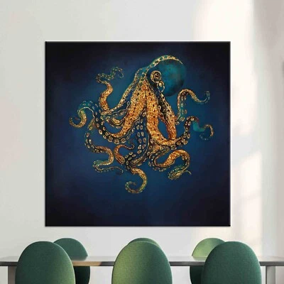 Octopus Wall Art Canvas, Gold Blue Sea Animal Print, Ocean Themed Decor - Image 1 of 4