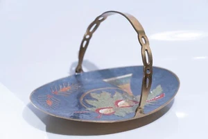 Vintage Cloisonne Enamel Brass Handled Basket Horn Holly Oval Shape 7.5 " India - Picture 1 of 4