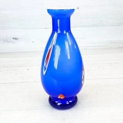Vintage Italian Blue Art Glass 6" Vase Hearts & Stars Millefiori White Inside - Image 1 of 4