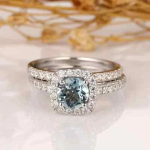 1.85 Ct Round Cut Aquamarine Lab-Created Bridal Ring Set 14K White Gold Plated - Picture 1 of 9