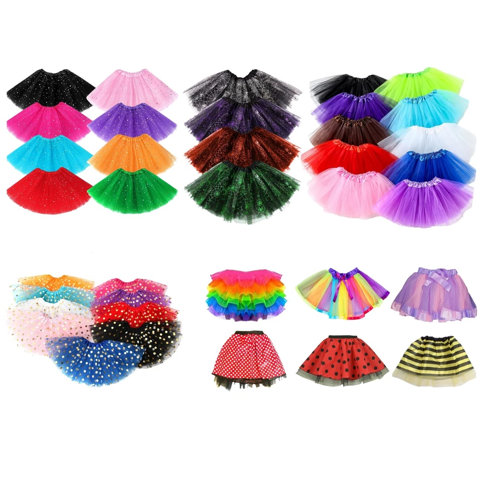 Plain Neon Glitter Kids 3 Layer Tutu ALL Color Fancy Dress Halloween Costume - Image 1 of 4