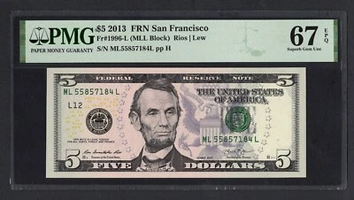 United States-Federal Reserve 5 Dollars 2013 Fr#1996-L (MLL Block) UNC Grade 67 - Image 1 of 2