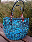 Unique womens turquoise black felted bag.shopper bag.Wool bag.wicker handles.art