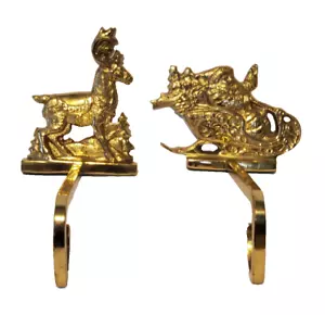 2 Vintage Brass Stocking Holders Reindeer & Santa in Sleigh - Picture 1 of 10