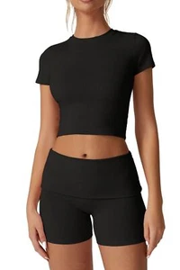 Womens Loungewear Set 2 Piece Outfits Slim Fitted Short Sleeve Crop Tops Fold... - Picture 1 of 5