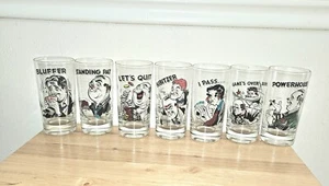 Mid Century Barware 7 Gay Fad Bar Glasses Caricature Poker Faces - Picture 1 of 8