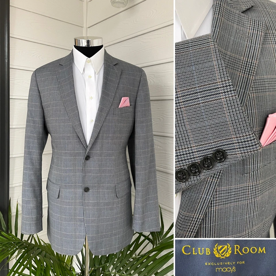Club Room Mens Two Button Plaid Blazer Poly Blend Sport Coat Jacket Size 42L - Image 1 of 4