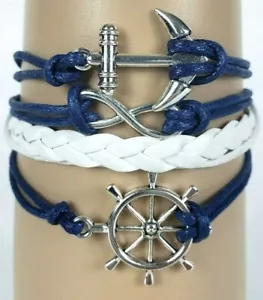 Ship Wheel & Anchor White & Blue Infinity Layer Wrap Bracelet - Picture 1 of 5