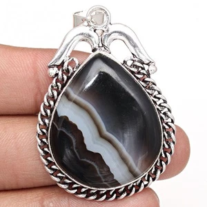 Pendant Grey Botswana Agate Gemstone Mother's Day Gift Silver Jewelry 2.25" - Picture 1 of 8