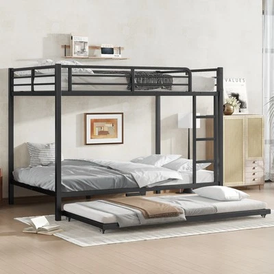 Full over Full Metal Bunk Bed Frame with Twin Size Trundle, Guardrail and ladder - Image 1 of 4