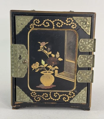 Hermoso cofre joyero antiguo japonés pintado a mano lacado de 3 dibujos Foto 1 de 4